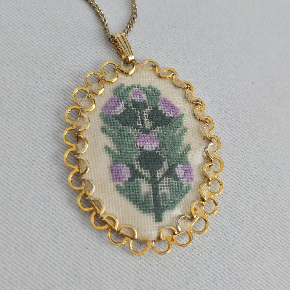 Vintage Gold Tone Cross Stitch Floral Pendant Necklace