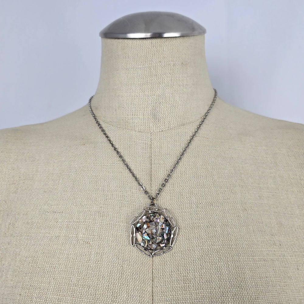 Vintage Silver Tone Abalone Shell Mosaic Pendant Necklace Jewelry