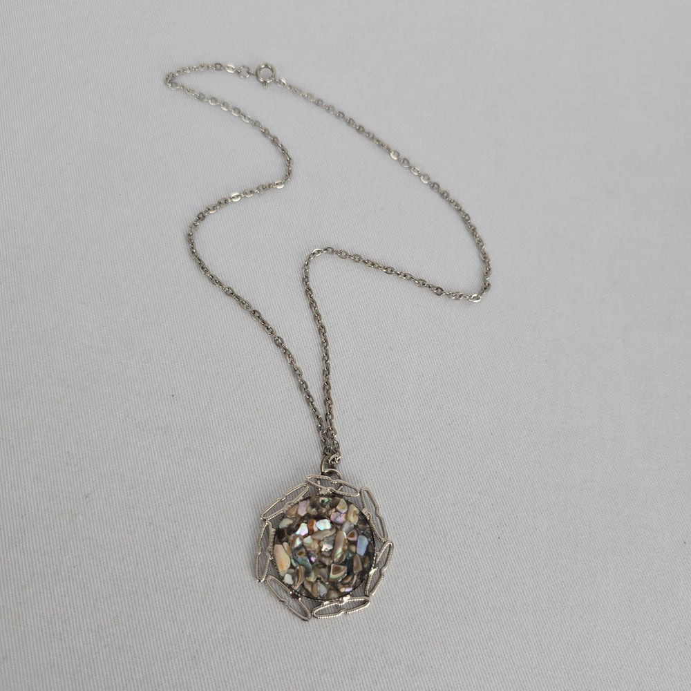 Vintage Silver Tone Abalone Shell Mosaic Pendant Necklace Jewelry