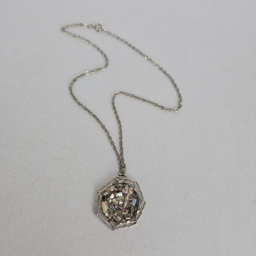 Vintage Silver Tone Abalone Shell Mosaic Pendant Necklace Jewelry