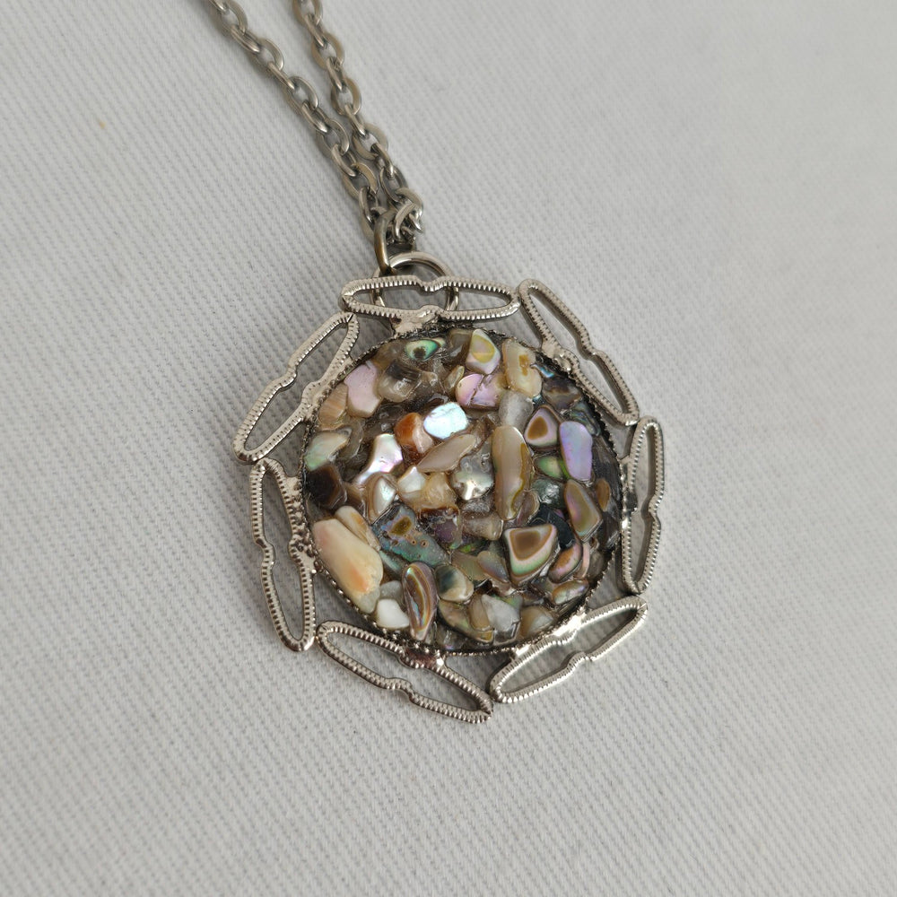 Vintage Silver Tone Abalone Shell Mosaic Pendant Necklace Jewelry