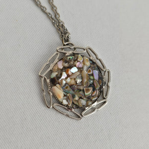 Vintage Silver Tone Abalone Shell Mosaic Pendant Necklace Jewelry