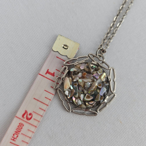 Vintage Silver Tone Abalone Shell Mosaic Pendant Necklace Jewelry