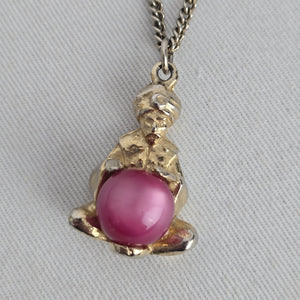 Vintage Signed Coro Fortune Teller Jelly Belly Style Pink Crystal Ball Pendant Necklace.