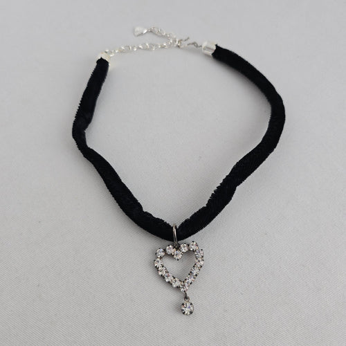 Vintage Black Velvet Crystal Heart Pendant Necklace Jewelry