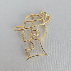 Vintage Gold Tone Abstract Lady in Hat Rhinestone Brooch