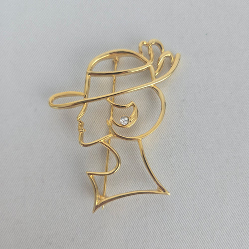 Vintage Gold Tone Abstract Lady in Hat Rhinestone Brooch