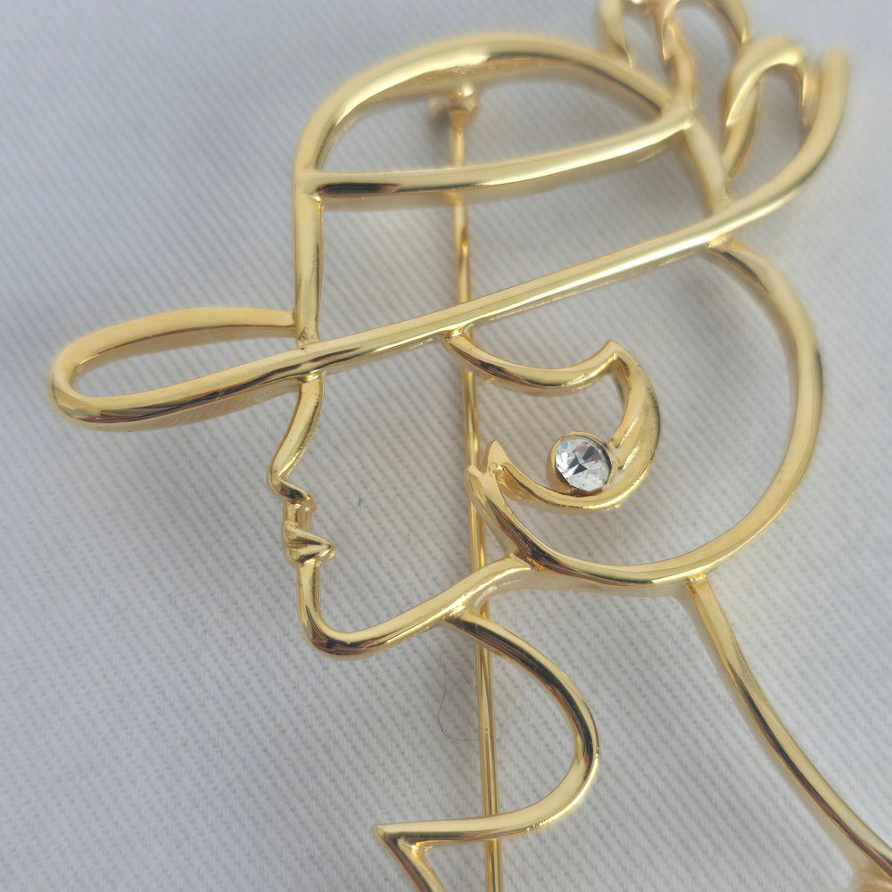 Vintage Gold Tone Abstract Lady in Hat Rhinestone Brooch