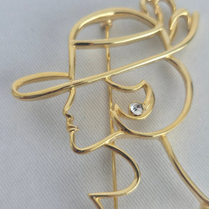 Vintage Gold Tone Abstract Lady in Hat Rhinestone Brooch