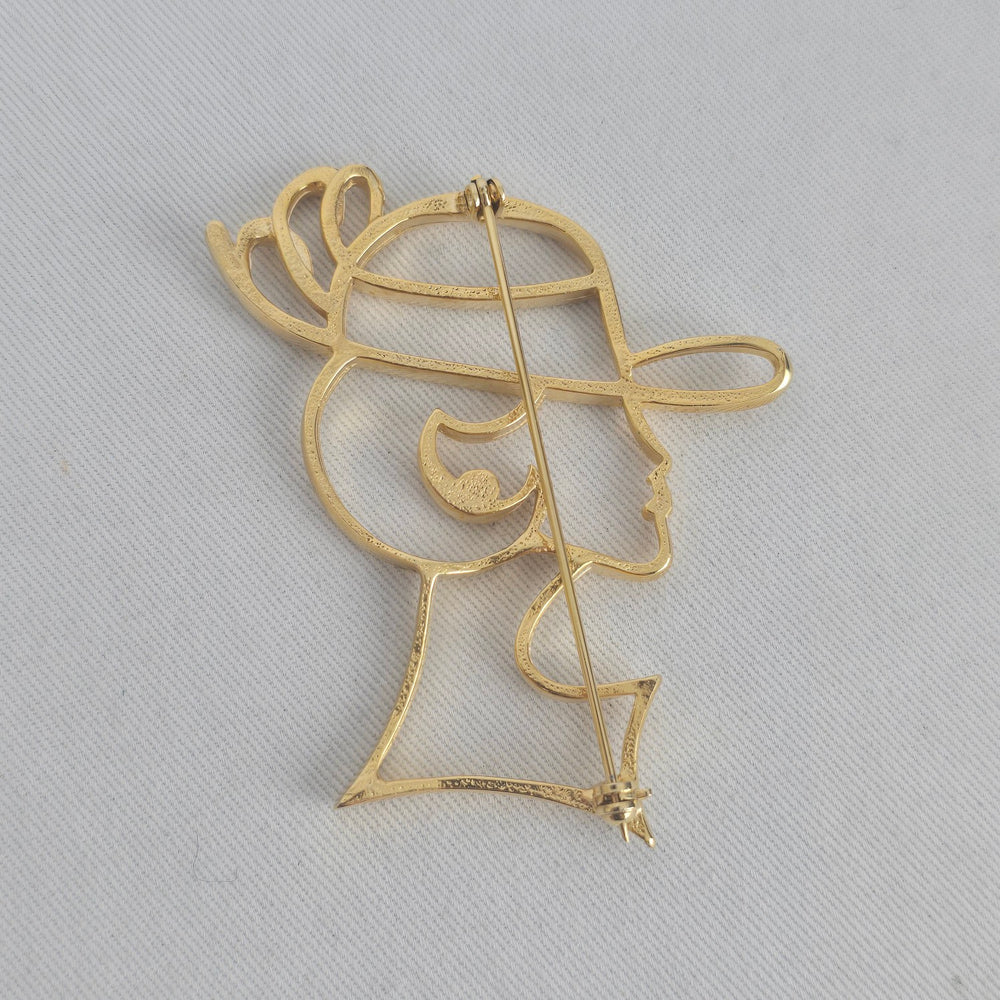 Vintage Gold Tone Abstract Lady in Hat Rhinestone Brooch