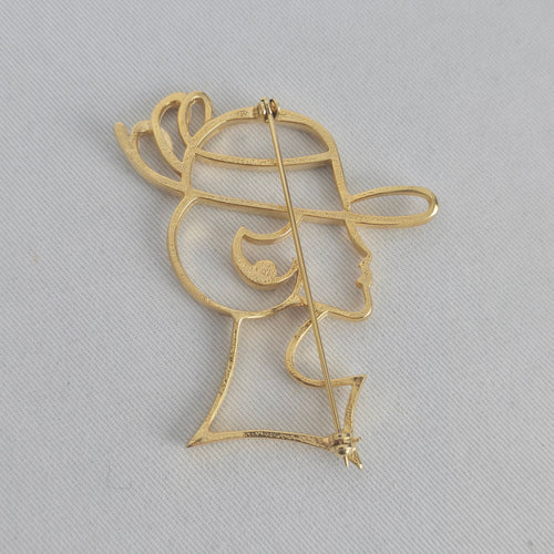 Vintage Gold Tone Abstract Lady in Hat Rhinestone Brooch