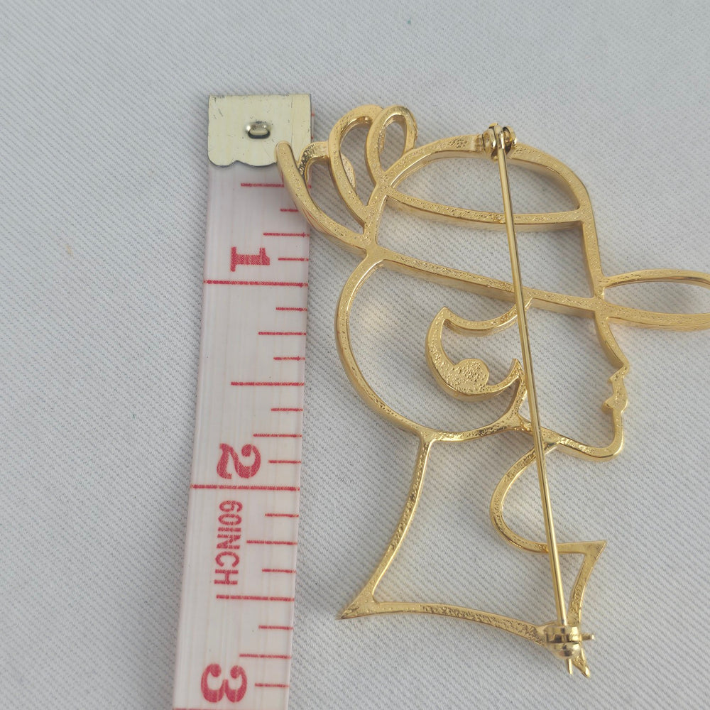 Vintage Gold Tone Abstract Lady in Hat Rhinestone Brooch