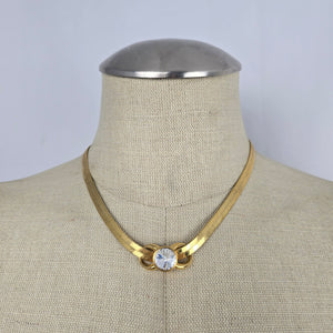 Vintage Gold Tone Crystal Herringbone Chain Necklace Jewelry