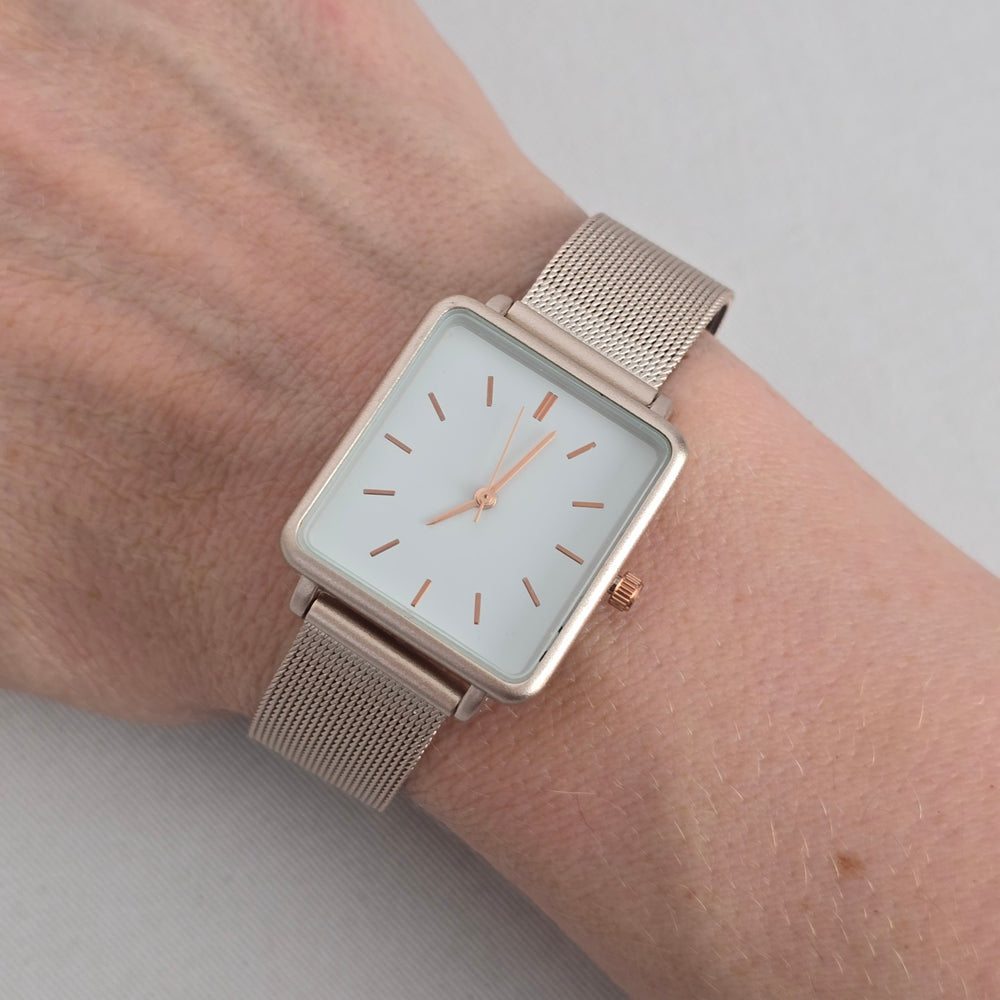 Vintage Square Minimalist Rose Gold Tone Silver Mesh Band Watch