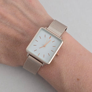 Vintage Square Minimalist Rose Gold Tone Silver Mesh Band Watch