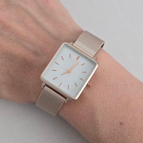 Vintage Square Minimalist Rose Gold Tone Silver Mesh Band Watch