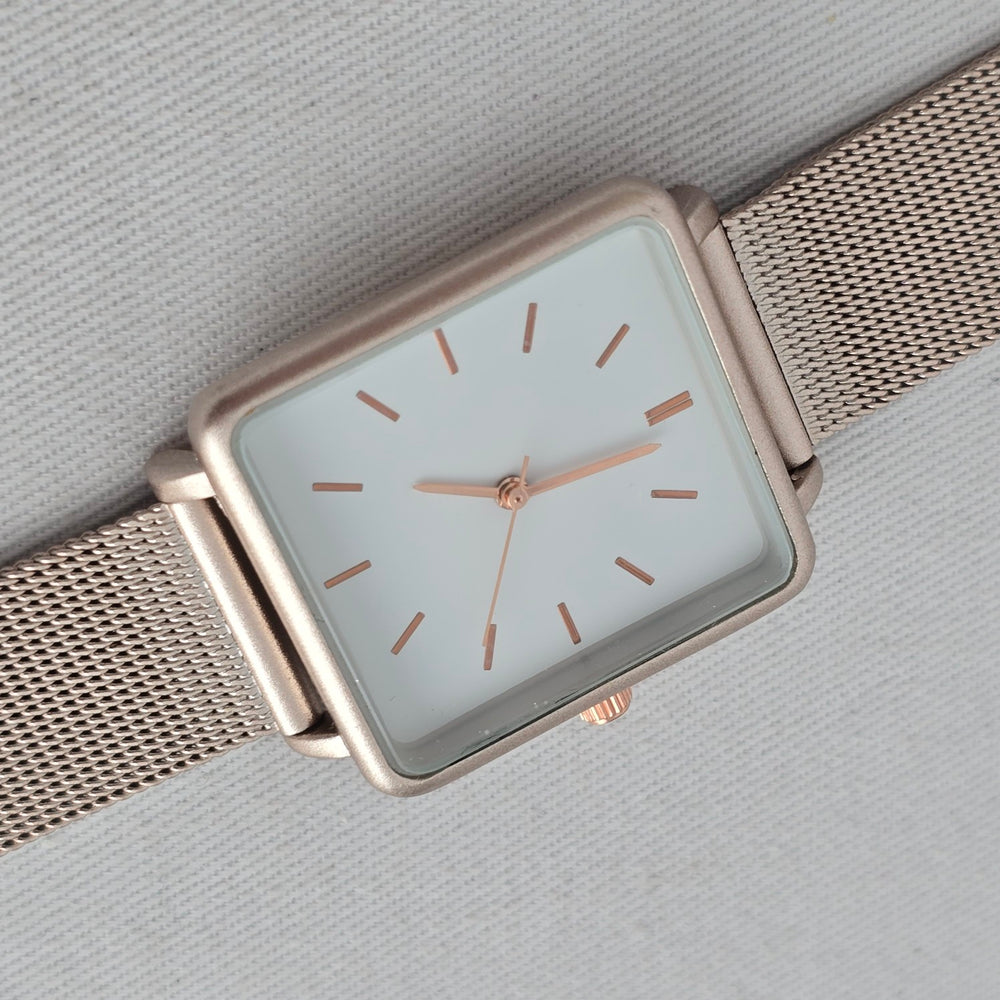 Vintage Square Minimalist Rose Gold Tone Silver Mesh Band Watch