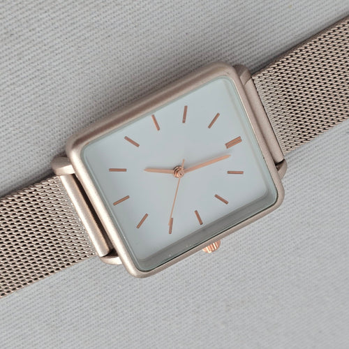 Vintage Square Minimalist Rose Gold Tone Silver Mesh Band Watch