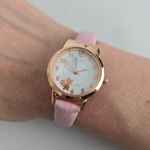 Women’s Pink Cat Rose Gold Tone Analog Watch Faux Leather Strap