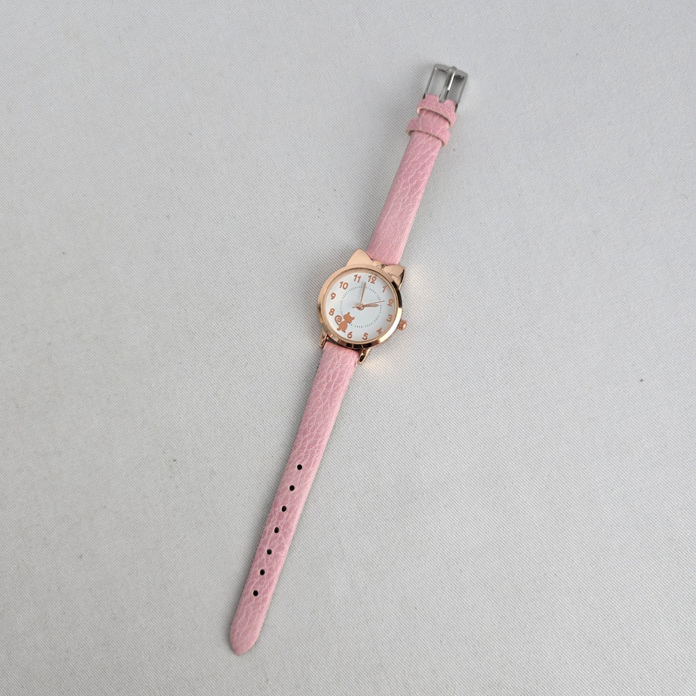 Women’s Pink Cat Rose Gold Tone Analog Watch Faux Leather Strap