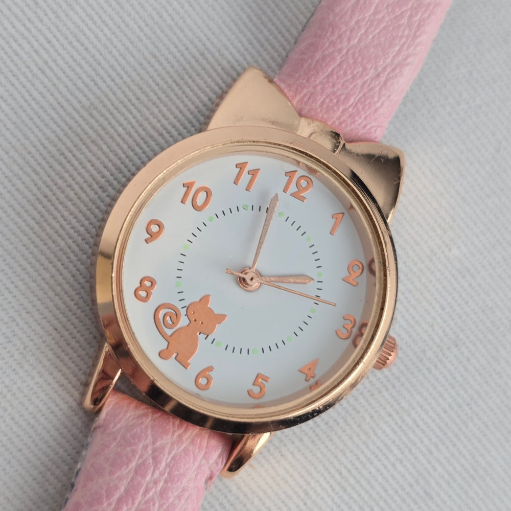 Women’s Pink Cat Rose Gold Tone Analog Watch Faux Leather Strap
