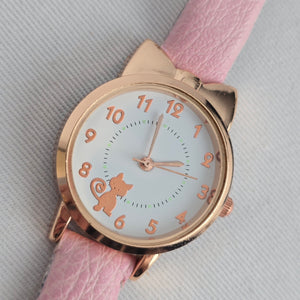 Women’s Pink Cat Rose Gold Tone Analog Watch Faux Leather Strap