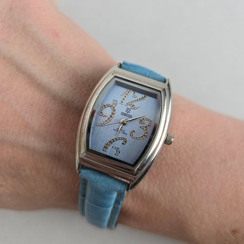 QBOS Limited Edition Blue Leather Rhinestone Quartz Watch