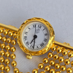 Vintage Gold Tone Quartz Brooch Watch with Cascading Bead Chain Swags