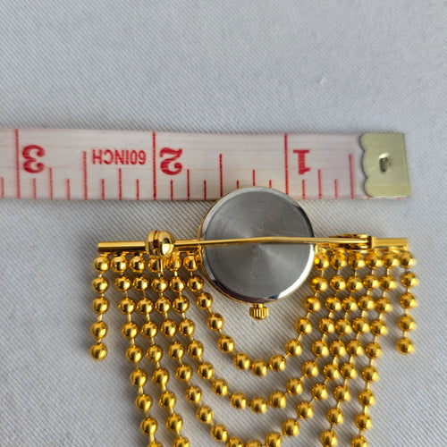 Vintage Gold Tone Quartz Brooch Watch with Cascading Bead Chain Swags