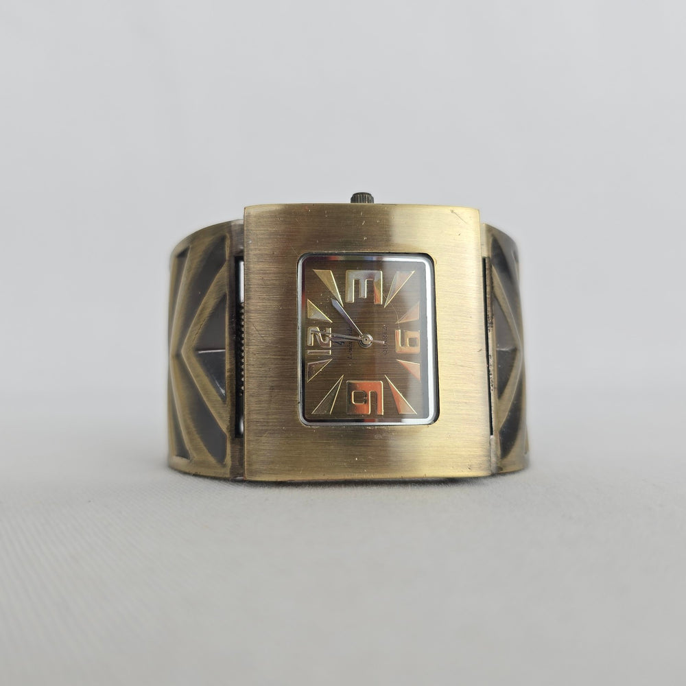 Louis Arden Vintage Antique Brass Tone Cuff Bracelet Quartz Watch