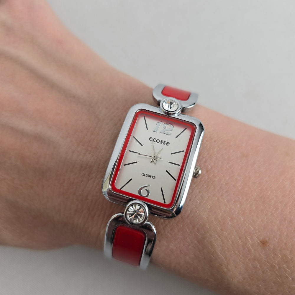 Ecosse MT-86 Silver Tone Red Enamel Rhinestone Cuff Bracelet Quartz Watch