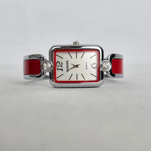Ecosse MT-86 Silver Tone Red Enamel Rhinestone Cuff Bracelet Quartz Watch