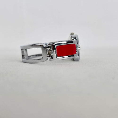 Ecosse MT-86 Silver Tone Red Enamel Rhinestone Cuff Bracelet Quartz Watch