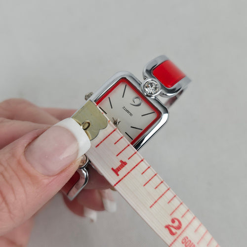 Ecosse MT-86 Silver Tone Red Enamel Rhinestone Cuff Bracelet Quartz Watch