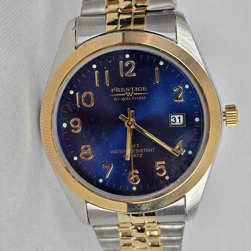 Prestige by Waltham Two-Tone Blue Dial Quartz Watch Date 100FT
