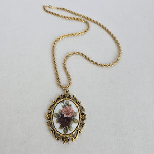 Vintage Gold Tone Floral Rose Cameo Mirror Pendant Necklace Ornate Frame