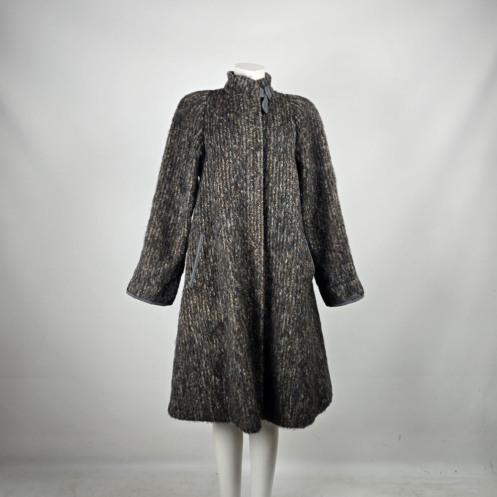 Vintage 70s Shaggy Tweed Wool Mohair Swing Coat Suede Buckle Funnel Neck - Size L