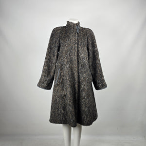 Vintage 70s Shaggy Tweed Wool Mohair Swing Coat Suede Buckle Funnel Neck - Size L