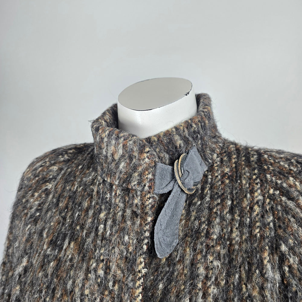 Vintage 70s Shaggy Tweed Wool Mohair Swing Coat Suede Buckle Funnel Neck - Size L