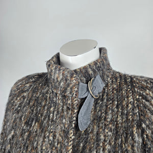 Vintage 70s Shaggy Tweed Wool Mohair Swing Coat Suede Buckle Funnel Neck - Size L