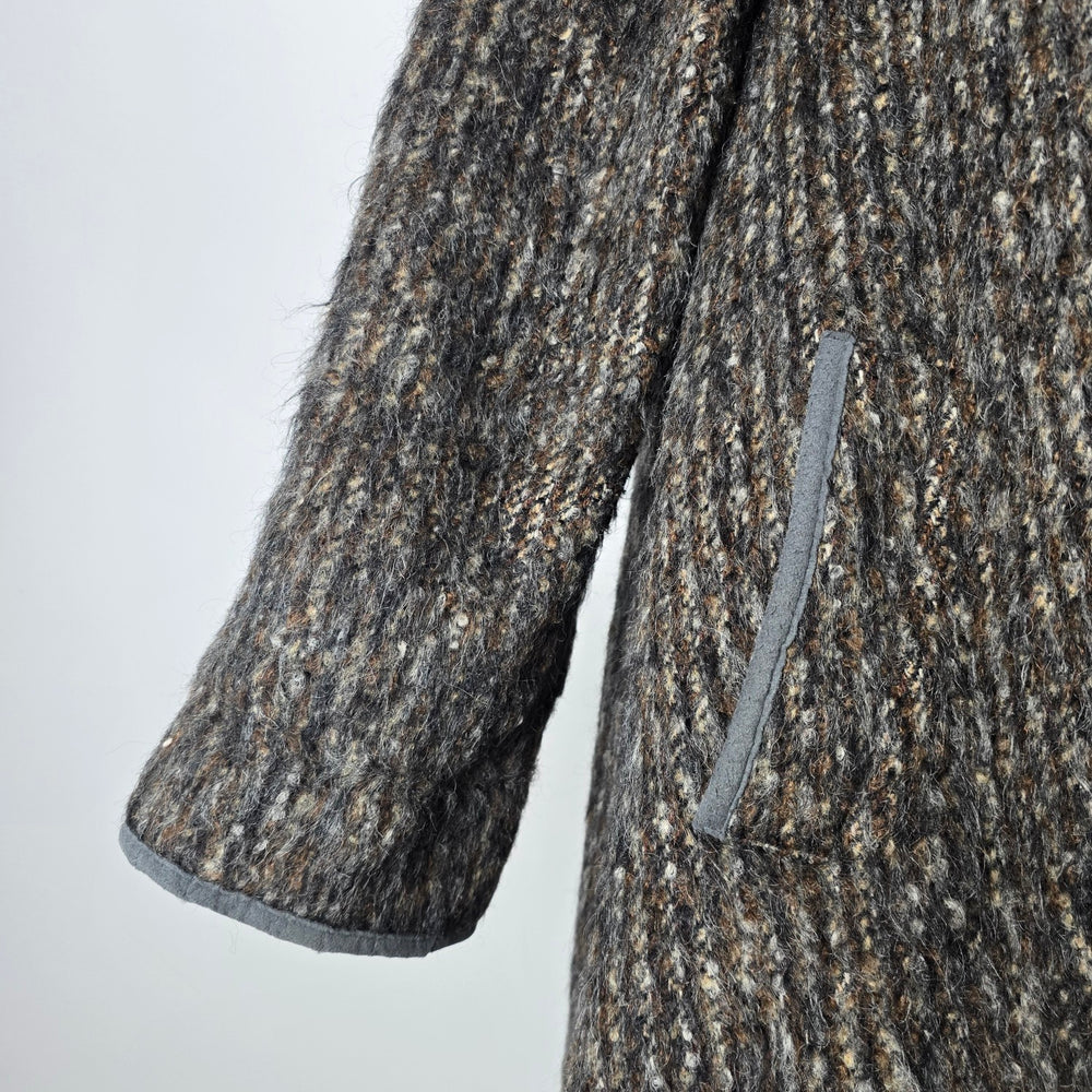 Vintage 70s Shaggy Tweed Wool Mohair Swing Coat Suede Buckle Funnel Neck - Size L
