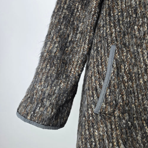 Vintage 70s Shaggy Tweed Wool Mohair Swing Coat Suede Buckle Funnel Neck - Size L