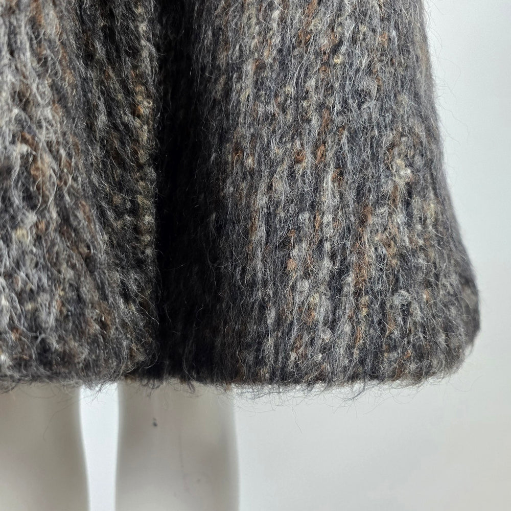 Vintage 70s Shaggy Tweed Wool Mohair Swing Coat Suede Buckle Funnel Neck - Size L