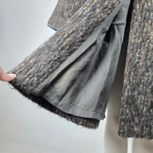 Vintage 70s Shaggy Tweed Wool Mohair Swing Coat Suede Buckle Funnel Neck - Size L