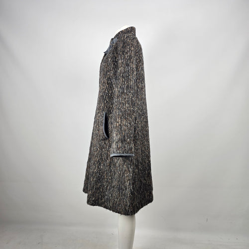 Vintage 70s Shaggy Tweed Wool Mohair Swing Coat Suede Buckle Funnel Neck - Size L