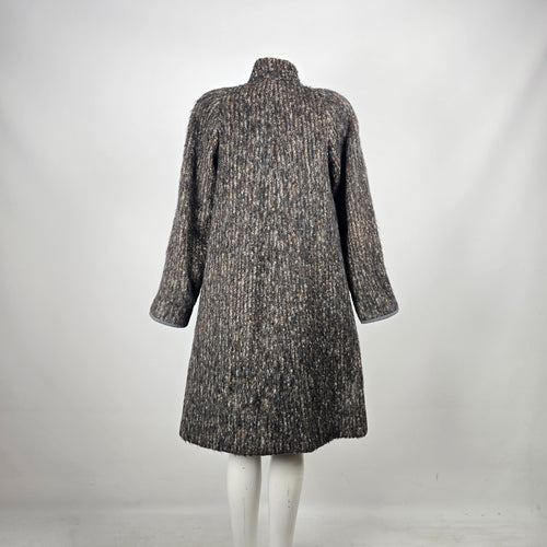 Vintage 70s Shaggy Tweed Wool Mohair Swing Coat Suede Buckle Funnel Neck - Size L