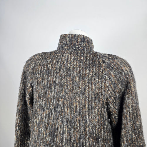 Vintage 70s Shaggy Tweed Wool Mohair Swing Coat Suede Buckle Funnel Neck - Size L