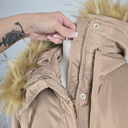 Eliza J Women’s Taupe Long Down Puffer Coat Faux Fur Hood Winter Jacket - Size M