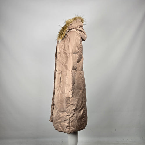 Eliza J Women’s Taupe Long Down Puffer Coat Faux Fur Hood Winter Jacket - Size M