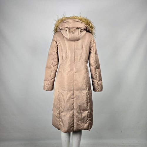 Eliza J Women’s Taupe Long Down Puffer Coat Faux Fur Hood Winter Jacket - Size M